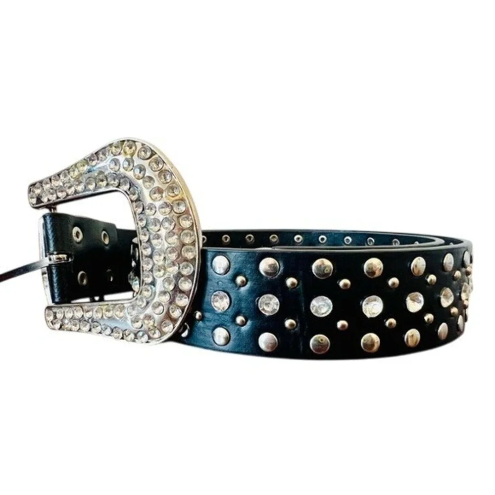 Western Rhinestone Studded Belt Black Faux Leather Silver Crystal Buckle 37.5